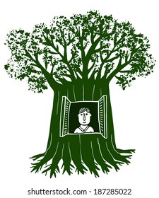 Man ives in a tree with window