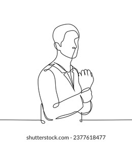 man in a jacket adjusts his cufflinks - one line art vector. concept typical pose of male models