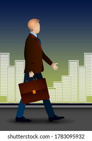 man in jacket, businessman with briefcase in his hands is walking home in night city. Life in metropolis. Career. Color vector illustration