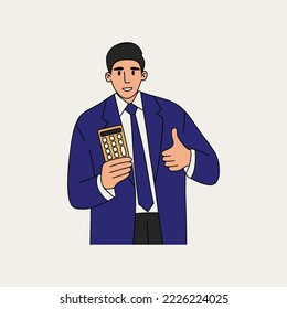Man in a jacket with a calculator in his hand. 