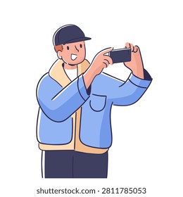 Man in jacket and cap holding smartphone, snapping a picture with casual pose and clean outline. Concept of memory, travel, social media sharing, and lifestyle content creation. Cartoon vector illustration.