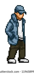 A man in a jacket and a cap. Pixel art.