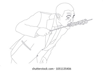 A man in a jacket is eating shish kebab. man bites a shish kebab on a skewer