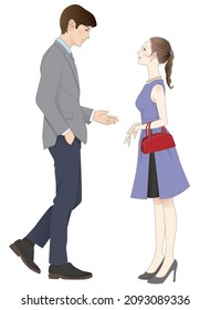 Un hombre con una chaqueta enfrentándose y una mujer con un vestido