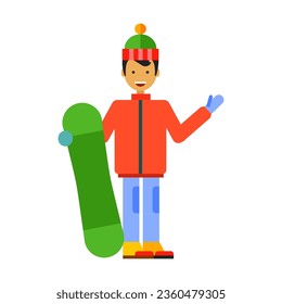  Man in jacket and hat holding snowboard and waving. Multicolored flat vector icon representing people activities and professions concept isolated on white background