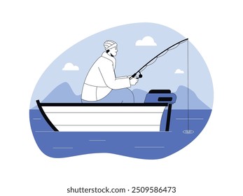 Hombre en chaqueta y sombrero sentado en bote de madera, pescando en el mar, azul, estilo semi contorno, Ilustración vectorial.