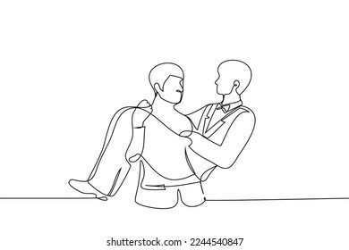 Mann in einer Jacke, die einen anderen Mann als Braut hält - ein zeilenziehender Vektor. das Konzept "Homosexuelle", "Grooms" bei der Hochzeit