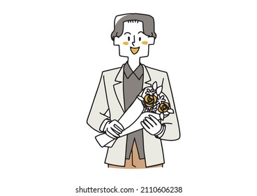 A man in a jacket holding a bouquet, a warm handwritten illustration for both those who give it and those who receive it.