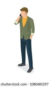 Man in jacket holding hand in pocket of black trousers speaking on telephone vector isolated on white. Student or college boy cartoon character