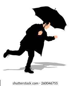 Man in jacket holding umbrella and running, vector