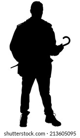 Man in jacket holding umbrella, vector