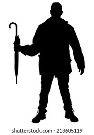 Man in jacket holding umbrella, vector