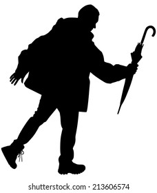 Man in jacket holding umbrella, vector