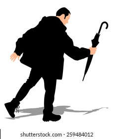 Man in jacket holding umbrella, vector