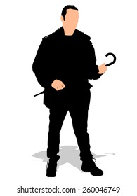 Man in jacket holding umbrella, vector