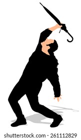 Man in jacket holding umbrella, vector