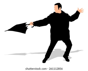 Man in jacket holding umbrella, vector