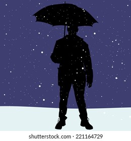 Man in jacket holding umbrella when the snow falls, vector 