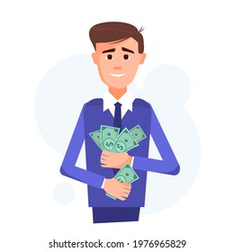 The man in the jacket holds the money in his hand. Business concept. Flat illustration.