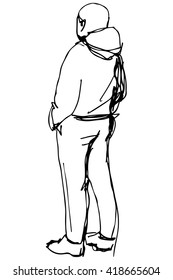 man in a jacket with a hood back to us
