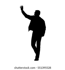 Man In Jacket And Jeans And Goes Hand Health Known People. Waving Hands. Vector Silhouette