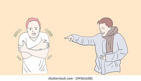 The man in the jacket laughs seeing his friend cold. Hand drawn style vector design illustrations.