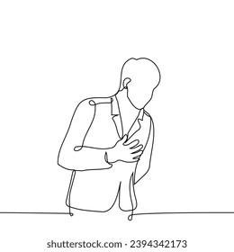 man in a jacket leaned over a little holding his hand on his heart - one line art vector. concept express respect, bow, declaration of love, gentleman, speak from the heart, heart attack