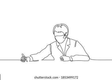 man in a jacket and a protective mask signs a document (agreement, contract). one line drawing man puts signature on paper