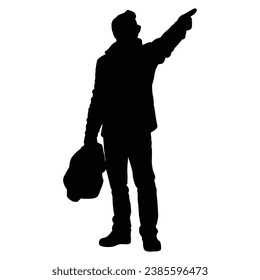 Man in Jacket Silhouette Pointing Up on White.