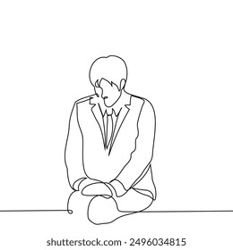 man in jacket sits huddled - one line art vector. concept male worker before interview, nervousness, anxiety. Handmade vector not AI