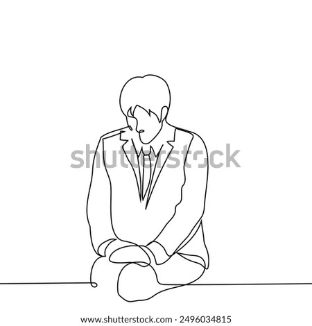 man in jacket sits huddled - one line art vector. concept male worker before interview, nervousness, anxiety. Handmade vector not AI