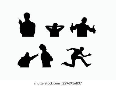 Hombre con chaqueta parado con la mano en el bolsillo, vista lateral, silueta vectorial aislada.Conjunto de siluetas de personas.personas, hombres y mujeres, ambientadas, aisladas, vectoriales