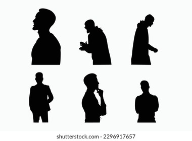 Mann in Jacke mit Hand in der Tasche, Seitenansicht, einzelne Vektorsilhouette.Satz Leute silhouettes.Menschen, Männer und Frauen, Set, einzeln, Vektorgrafik