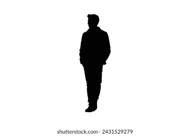 Man in jacket standing with hand in his pocket, side view, isolated vector silhouette
