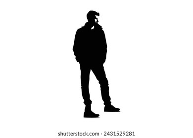 Man in jacket standing with hand in his pocket, side view, isolated vector silhouette
