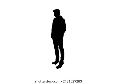 Hombre en la chaqueta de pie con la mano en su bolsillo, vista lateral, silueta aislada del vector
