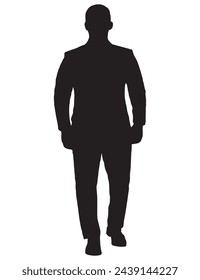 Man in jacket standing with hand in his pocket, side view, isolated vector silhouette