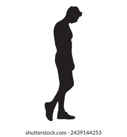 Man in jacket standing with hand in his pocket, side view, isolated vector silhouette