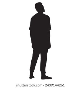 Man in jacket standing with hand in his pocket, side view, isolated vector silhouette