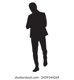 Man in jacket standing with hand in his pocket, side view, isolated vector silhouette