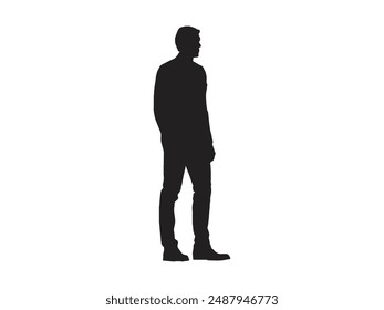 Man in jacket standing with hand in his pocket, side view, isolated vector silhouette
