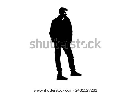 Man in jacket standing with hand in his pocket, side view, isolated vector silhouette
