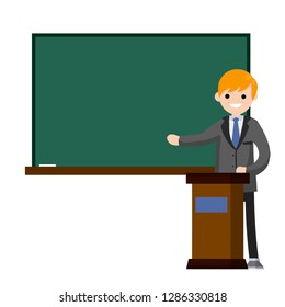 Man in a jacket stands near the school Board with chalk. The teacher at the College and University explains the lesson. The guy behind the podium studying knowledge. Cartoon flat illustration