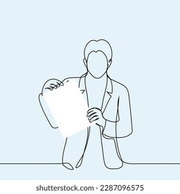 man in a jacket stands pointing at a piece of paper in his hands - one line drawing vector. the concept of signing a document, concluding a contract