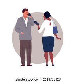 Man in a jacket is talking on the phone and an attractive woman is reading a message on the phone. Vector flat illustration on a round isolated background