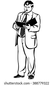  man in a jacket and tie reading report