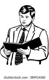  man in a jacket and tie reading reports