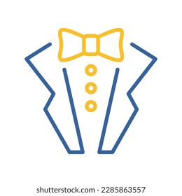 Man jacket. Tuxedo. Weddind suit with bow tie isolated icon. Vector illustration, romance elements. Sticker, patch, badge, card for marriage, valentine