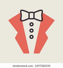 Man jacket. Tuxedo. Weddind suit with bow tie isolated icon. Vector illustration, romance elements. Sticker, patch, badge, card for marriage, valentine