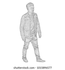 The man in the jacket is walking somewhere. Species from different sides. Vector illustration of a black triangular grid on a white background.